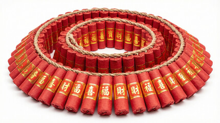 Coiled Bundle of Traditional Red Chinese Firecrackers with Gold Characters on White Background