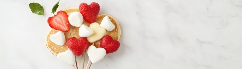 A delicious dessert featuring strawberries, marshmallows, pancakes, hearts, and cookies, beautifully presented on a white marble countertop from a top-down view.