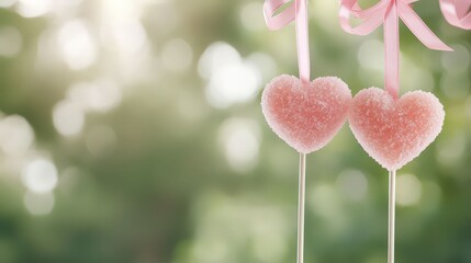 Two pink heart-shaped lollipops with ribbons hanging in a blurred green outdoor environment viewed from a straight-on perspective