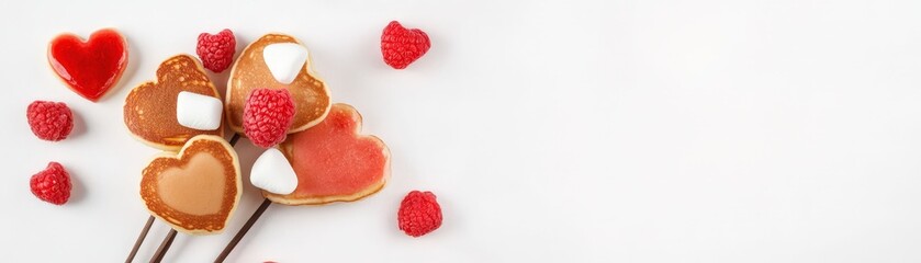 Heart-shaped cookies with raspberries and hearts on sticks arranged beautifully on a clean white surface from a top-down perspective