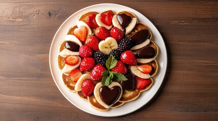Assorted pancakes with strawberries, bananas, and chocolate on a white plate, from a top-down view on a wooden table background