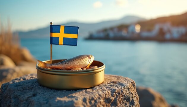 Swedish flag flies over open can of fish on seaside stones. Fermented herring sits in brine with blurred Nordic town and ocean backdrop. Salty air and unique cuisine.