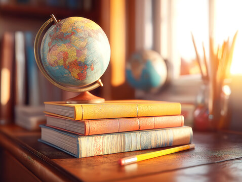 Peaceful inspiring setup with books globe and pencil in warm desk light