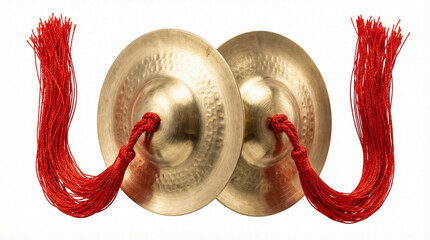 Traditional Brass Chinese Cymbals with Red Tassels on White Background