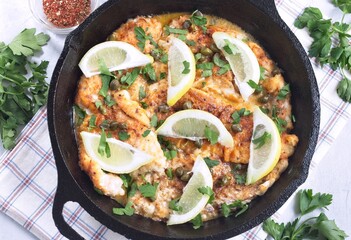 Delicious haddock fish piccata with lemon and capers in cast iron pan, horizontal, top view