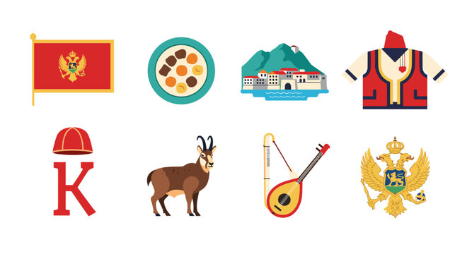 Montenegro national symbols and landmarks collection, flat design icons