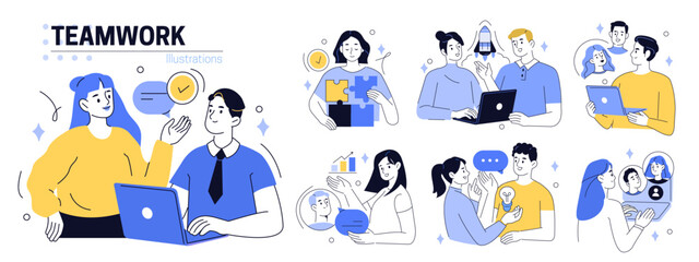 Teamwork, business, finance set. Characters solving problems, sharing goals and doing other team building activities. Vector illustration.