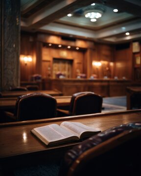 Open law book on wooden desk in elegant courtroom setting for justice and legal study