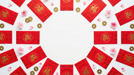 Lunar New Year Circular Frame with Red Envelopes Gold Coins and Plum Blossoms