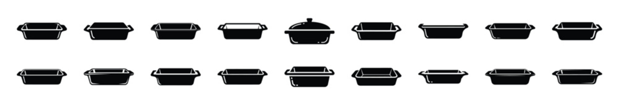 Collection of black   kitchen baking dish silhouette isolated on white background. cooking vector illustration icons.