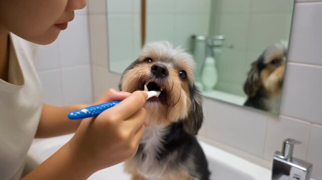 hand using a dog toothbrush with toothpaste on a small dogs teeth