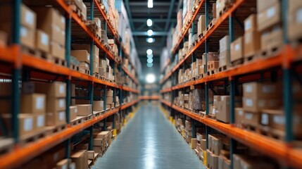 Fototapeta premium Warehouse aisle storing inventory for logistics management