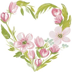 Fototapeta premium Watercolor pink floral wreath frame on white background