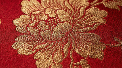 Close Up of Traditional Red Silk Fabric with Gold Peony Flower Embroidery