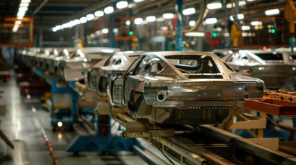 A car body on a conveyor belt in a factory demonstrates an industrial process, which would be suitable as a background for publications about manufacturing or innovations in mechanical engineering.
