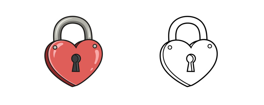 Heart shaped metal lock in cartoon style with red and silver colors used for security and romantic decoration isolated on white background with a black line art version
