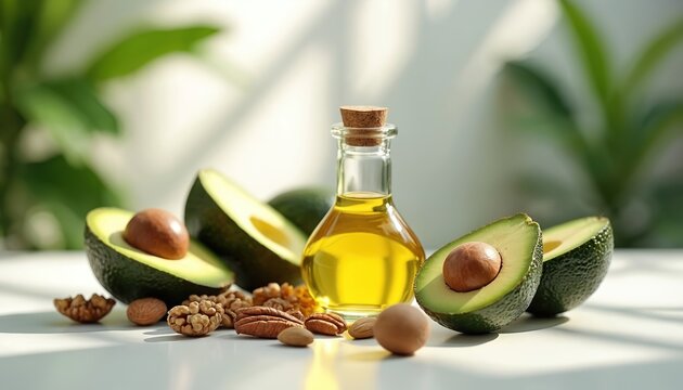 Ripe avocados with various nuts and golden olive oil in small glass bottle. Healthy ingredients for cooking and eating on white table. Natural food.
