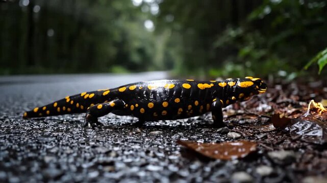 Close-up of a black and yellow salamander on wet pavement in a forest