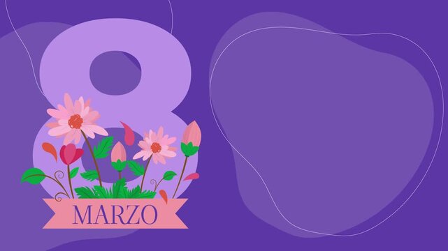 Horizontal video illustrated with vectors and animated graphics for International Women's Day on March 8, with space for text and animated graphics. Number 8 with flowers. Concept: 8M, Women's Day.