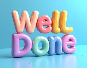 Shiny, inflated "Well Done" text art on a glossy surface, against a light blue gradient backdrop