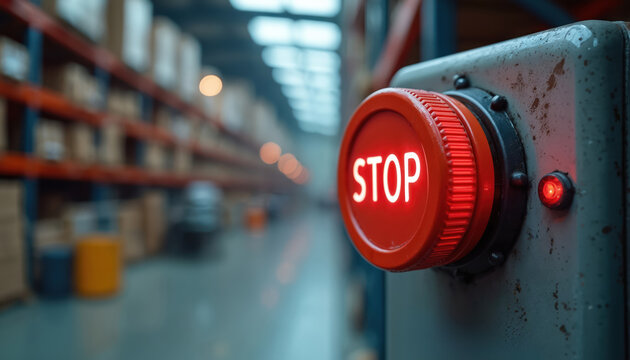 Large red stop button glows on industrial machine in warehouse. Emergency switch for safety control in factory. Halt production process. Factory worker uses button. Automation risk.
