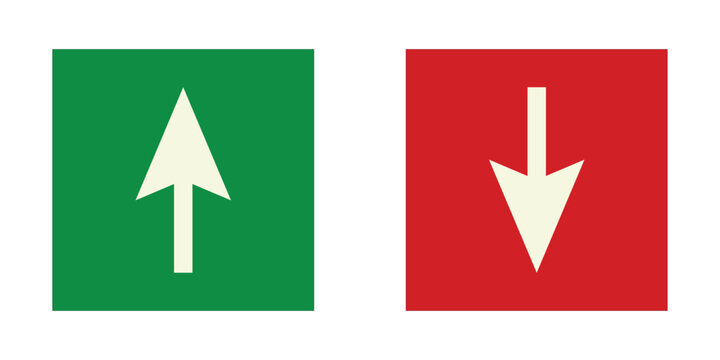 Green Upward and Red Downward Arrow Symbols in Square Boxes Representing Financial Growth Market Loss Business Trends and Economic Performance Indicators.