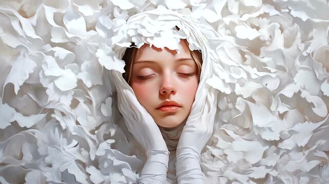 Young Woman With Eyes Closed Surrounded by White Petals.