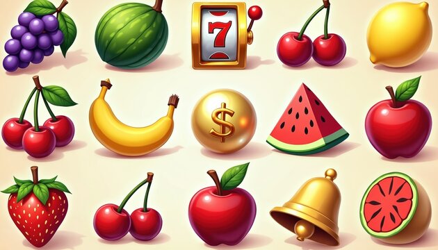 Collection of bright casino slot symbols featuring fruits like cherries, watermelon, apple, lemon, banana, grapes. Includes slot machine, dollar sign, golden bell, horseshoe for luck. Ideal for game