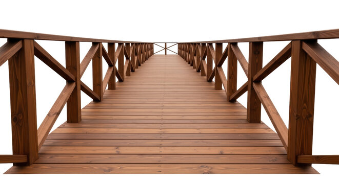 Wooden bridge with railing isolated PNG, perspective view of a brown wood footbridge on transparent background for architectural design