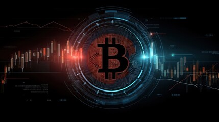 Abstract digital art featuring Bitcoin symbols, financial charts, and tech elements against a dark backdrop,
