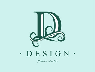 Logo, capital letter D. Monogram of Botanical Minimalistic, Initial. with Organic Plant Elements. Vector design. beauty salon. for tattoo studio