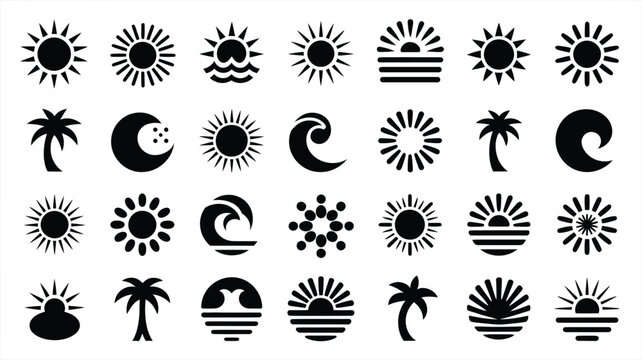 Summer emblem silhouettes black sun moon wave and palm tree logos on white background for graphic design
