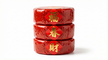 Stack of Three Traditional Chinese Red Rice Cakes (Nian Gao) with Gold Blessing Labels