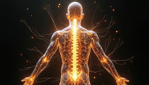 Glowing human nervous system with bright spinal cord and pulsing nerve endings. Body anatomy abstract medical illustration. Science concept of mind and health.