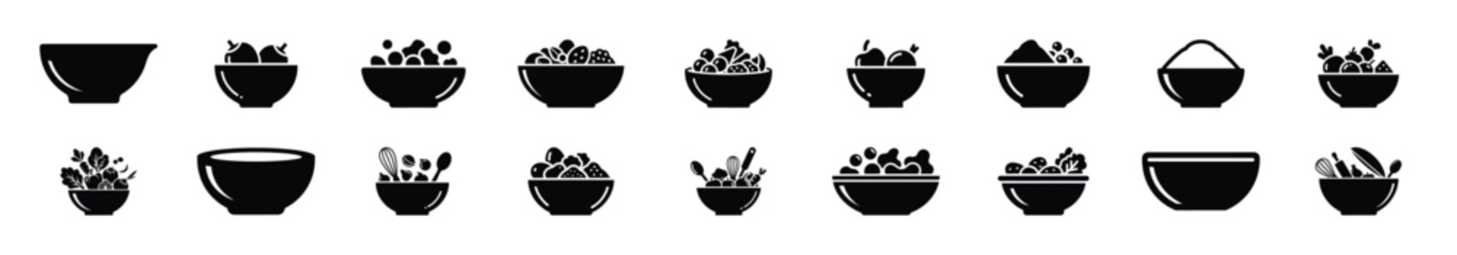 Collection of black   kitchen ingredient bowl silhouette isolated on white background. cooking vector illustration icons.