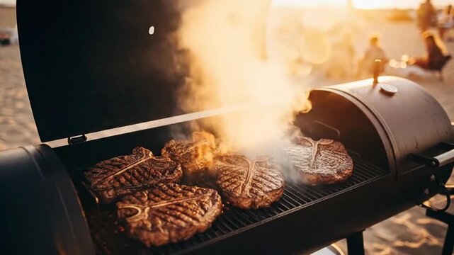 Barbecue grilling process with steaks on outdoor smoker during sunset for summer cookout