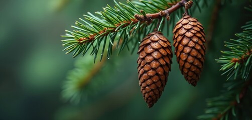 Pine cones hang from a green fir tree branch. Delicate water droplets rest on the evergreen needles and brown cones after a light rain shower. Soft focus background.