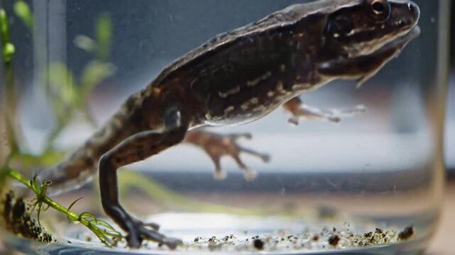 Close-up of a newt emerging from water in a glass container