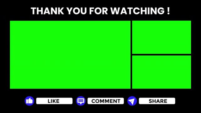 End screen youtube template with green screen areas for video outros. Suitable for customizing with text, images, and calls to action.