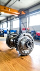 Shiny metal gear assembly with intricate cogs sits on a wood surface; blurred industrial background with natural light