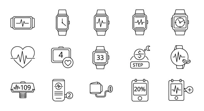 Smartwatch fitness tracker and health monitor line icons set