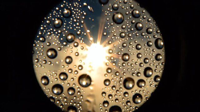 Close-up of numerous small and large water droplets on a surface, backlit by a bright light source
