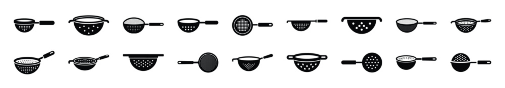Collection of black   kitchen sieve silhouette isolated on white background. cooking vector illustration icons.