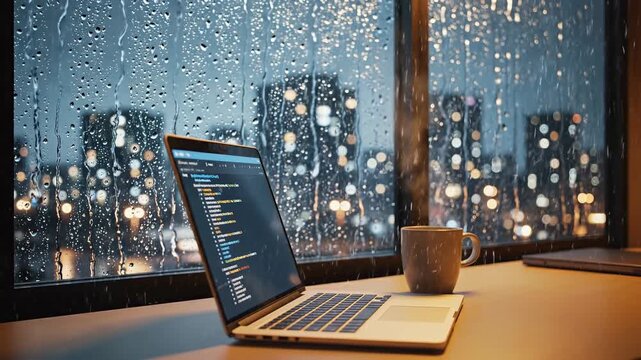 Programming on a Laptop by a Rainy Window with Cityscape View