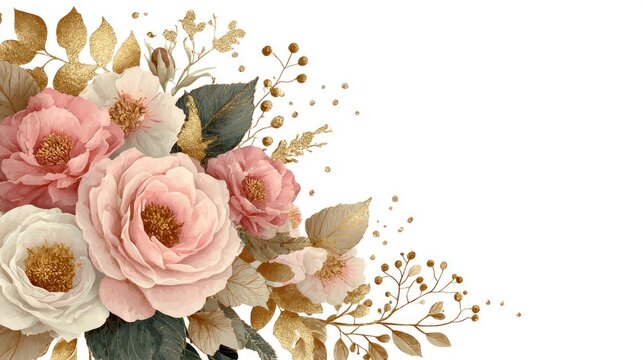 Luxurious floral corner with pink roses and gold foil leaves on white background.