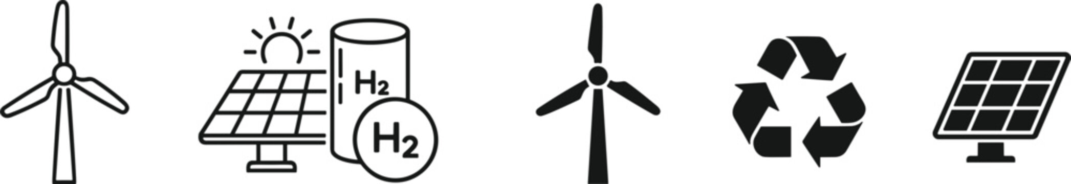 Renewable energy and green power icon set with wind turbine solar hydrogen recycling vector illustration