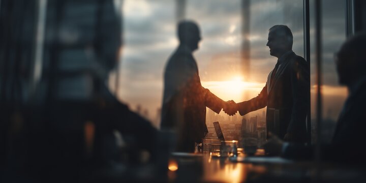 International business partners handshake for cross border merger acquisition transaction showing global cooperation and strategic corporate partnership alignment