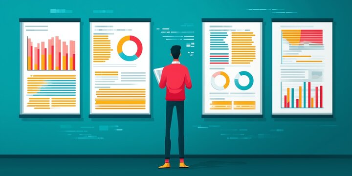 Meticulous auditor diligently illustrating summarized audit result graphs on calming teal blue backdrop while reviewing extensive compliance records and strategizing robust risk management
