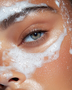 Woman cleansing face with foam for skincare routine