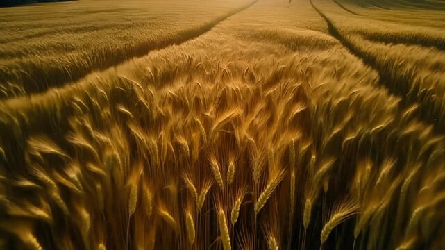 Aerial drift above golden barley fields as wind creates soft rolling waves.